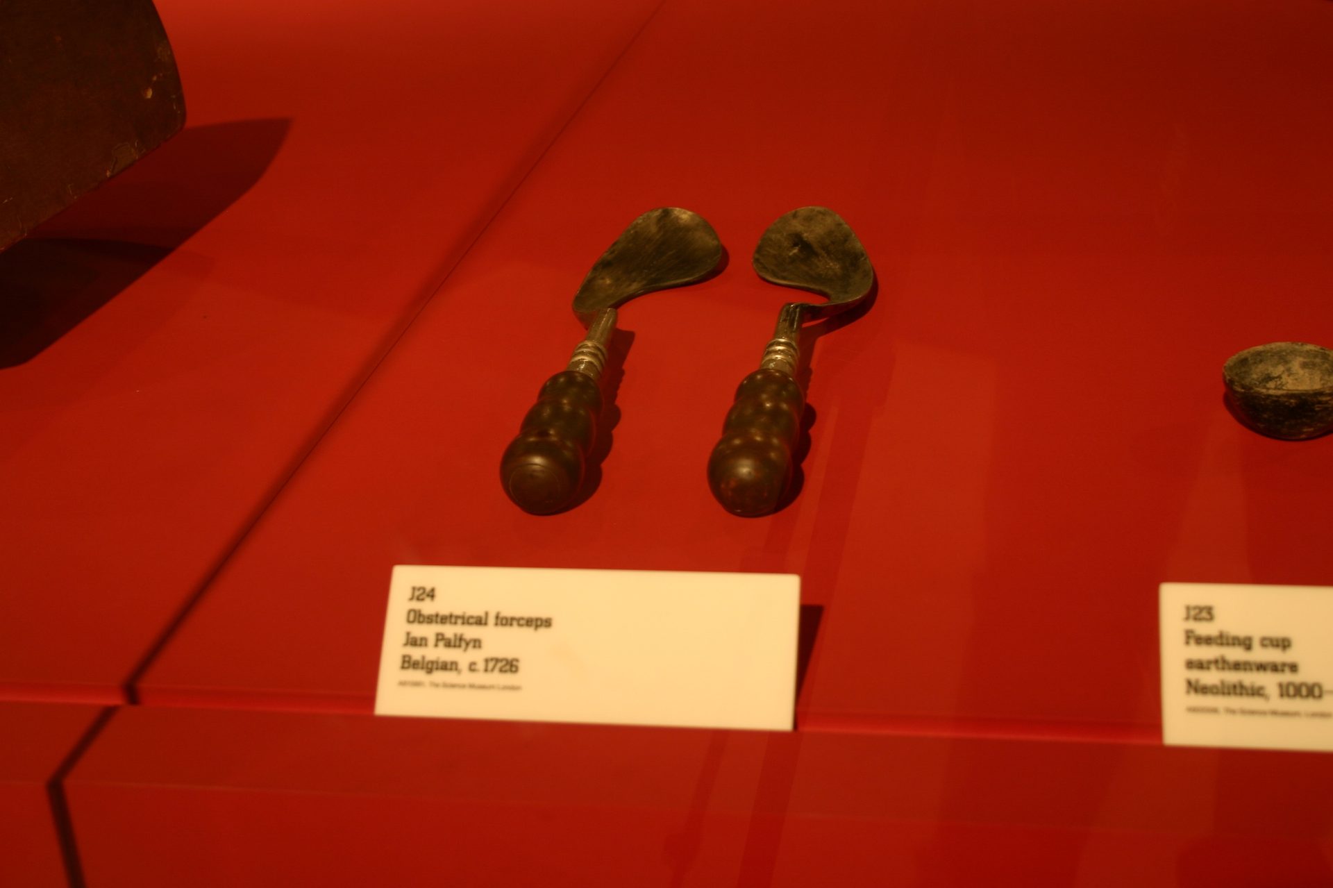 Obstetrical forceps (c. 1726), Medicine Man, The Wellcome Building, London (2).JPG